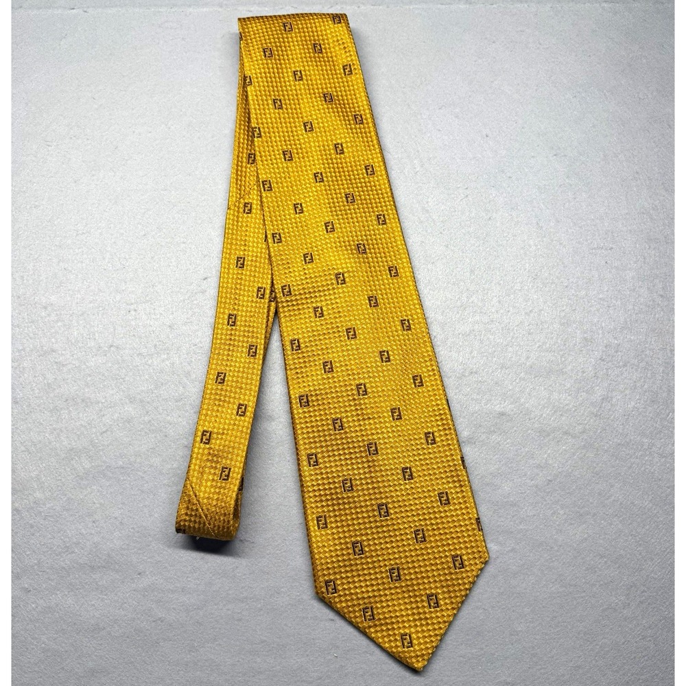 Vintage Fendi Men's Woven 100% Silk Tie Gold Geometric Pattern Logo Accent